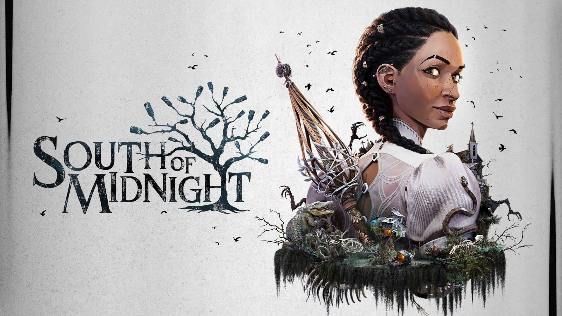 Hazel, a young Black woman with braids looks over her shoulder. Next to her is the game's title, South of Midnight with a tree growing.