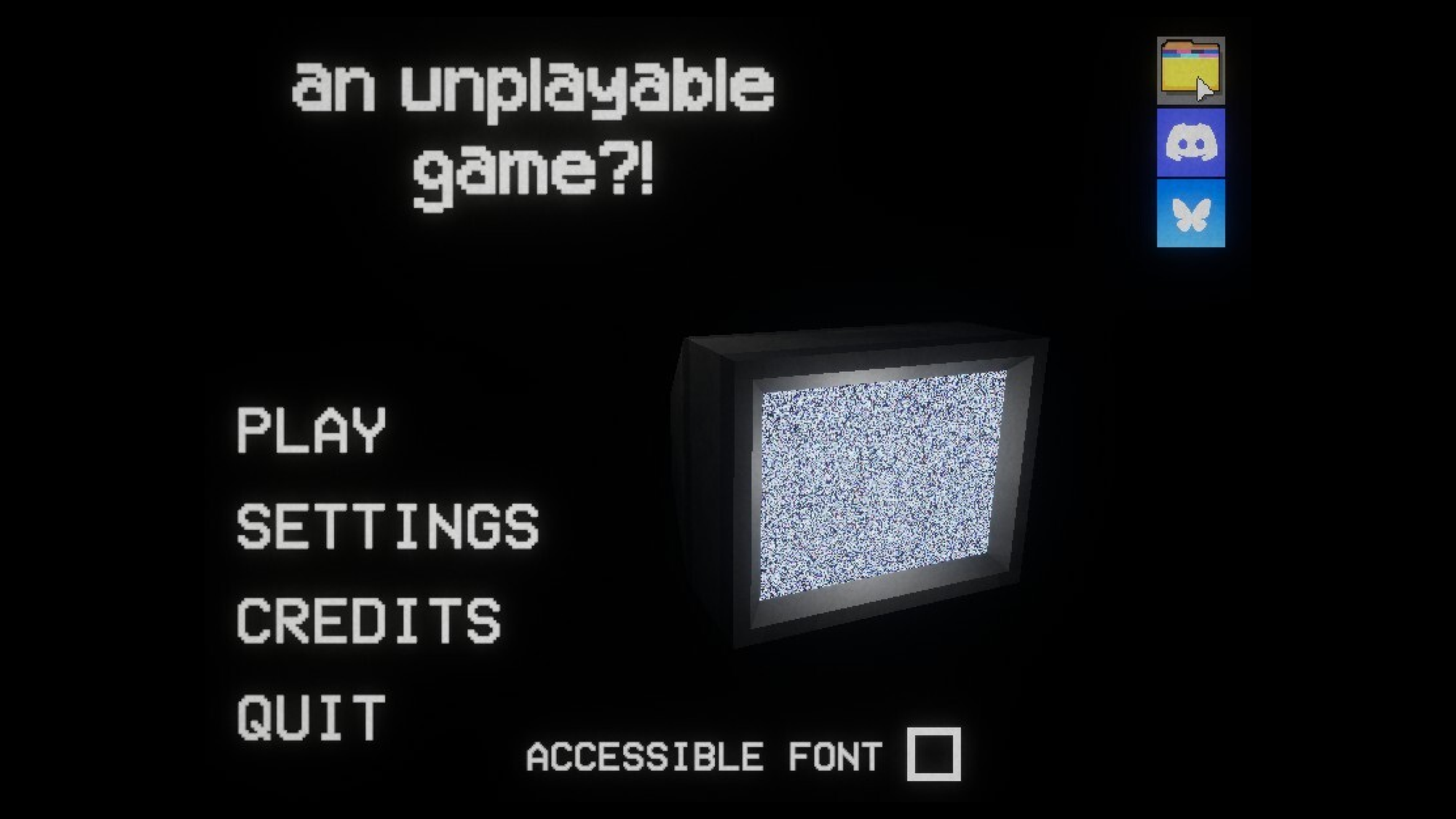 Home menu screen of an unplayable game showing a static TV in the background with play, settings, credits, and quit buttons.