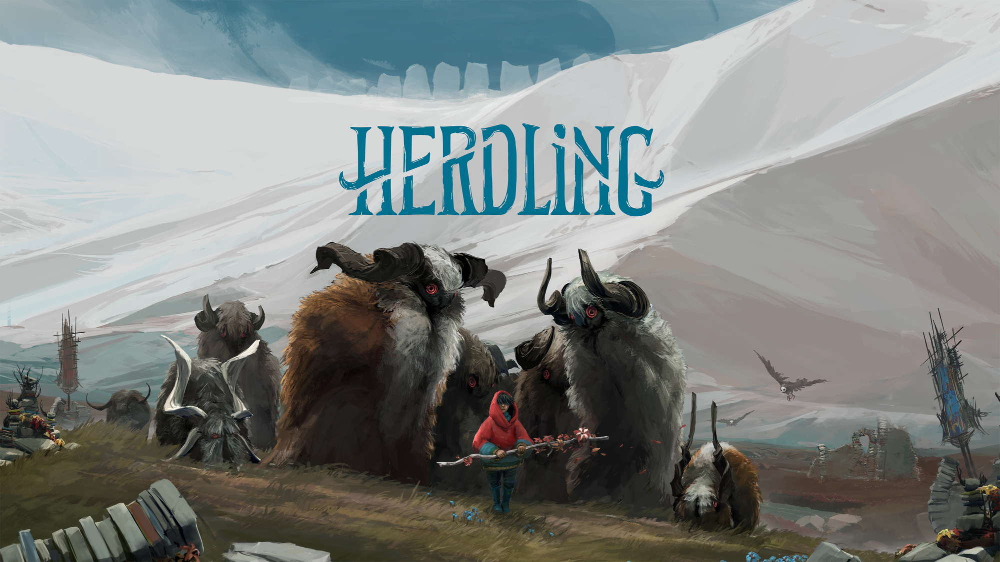 Via, a young girl in a red hoodie, stands in a mountainous field with several Calicorns behind her.