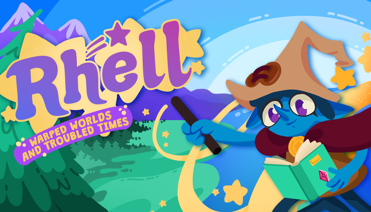Rhell, a blue magician with a green book holds their wand aloft.